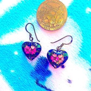 Cloisonné Earrings Vtg Sterling silver heart💕blue multicolor Valentine's Day!